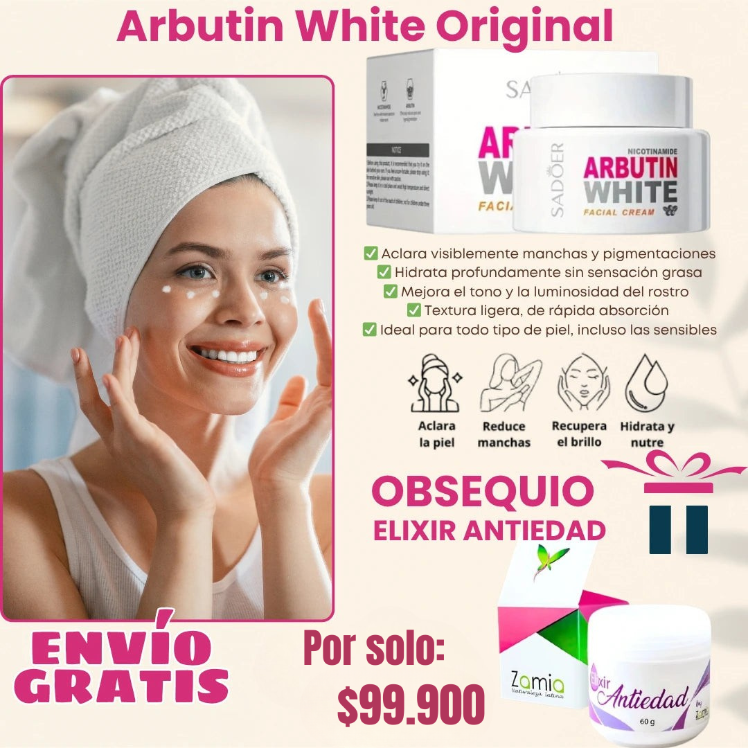 🔥 OFERTA EXCLUSIVA POR TIEMPO LIMITADO 🔥 Compra 1 y LLévate 3 unidades ARBUTIN WHITE Crema Aclarante 🎁 + ELIXIR Anti-Edad GRATIS