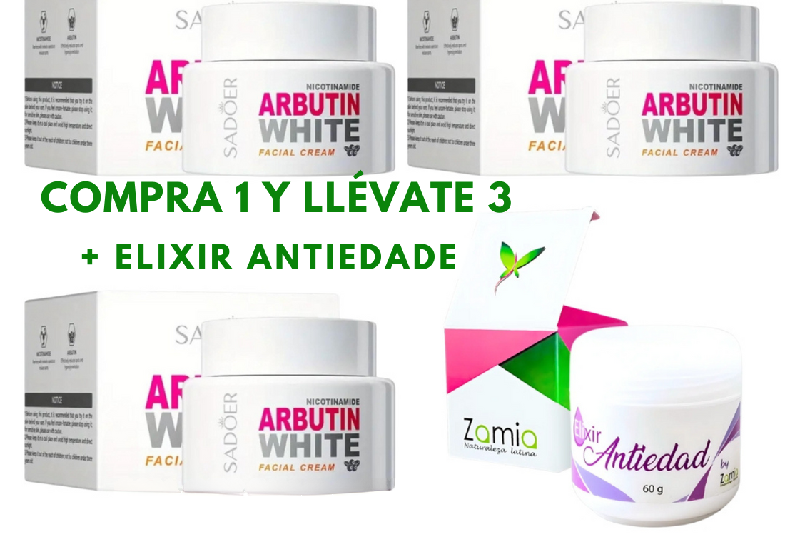 🔥 OFERTA EXCLUSIVA POR TIEMPO LIMITADO 🔥 Compra 1 y LLévate 3 unidades ARBUTIN WHITE Crema Aclarante 🎁 + ELIXIR Anti-Edad GRATIS