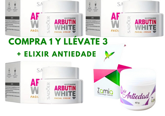 🔥 OFERTA EXCLUSIVA POR TIEMPO LIMITADO 🔥 Compra 1 y LLévate 3 unidades ARBUTIN WHITE Crema Aclarante 🎁 + ELIXIR Anti-Edad GRATIS